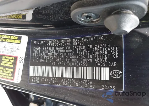 2020 Toyota Camry Xse from USA, damaged, VIN 4T1K61AK3LU394759